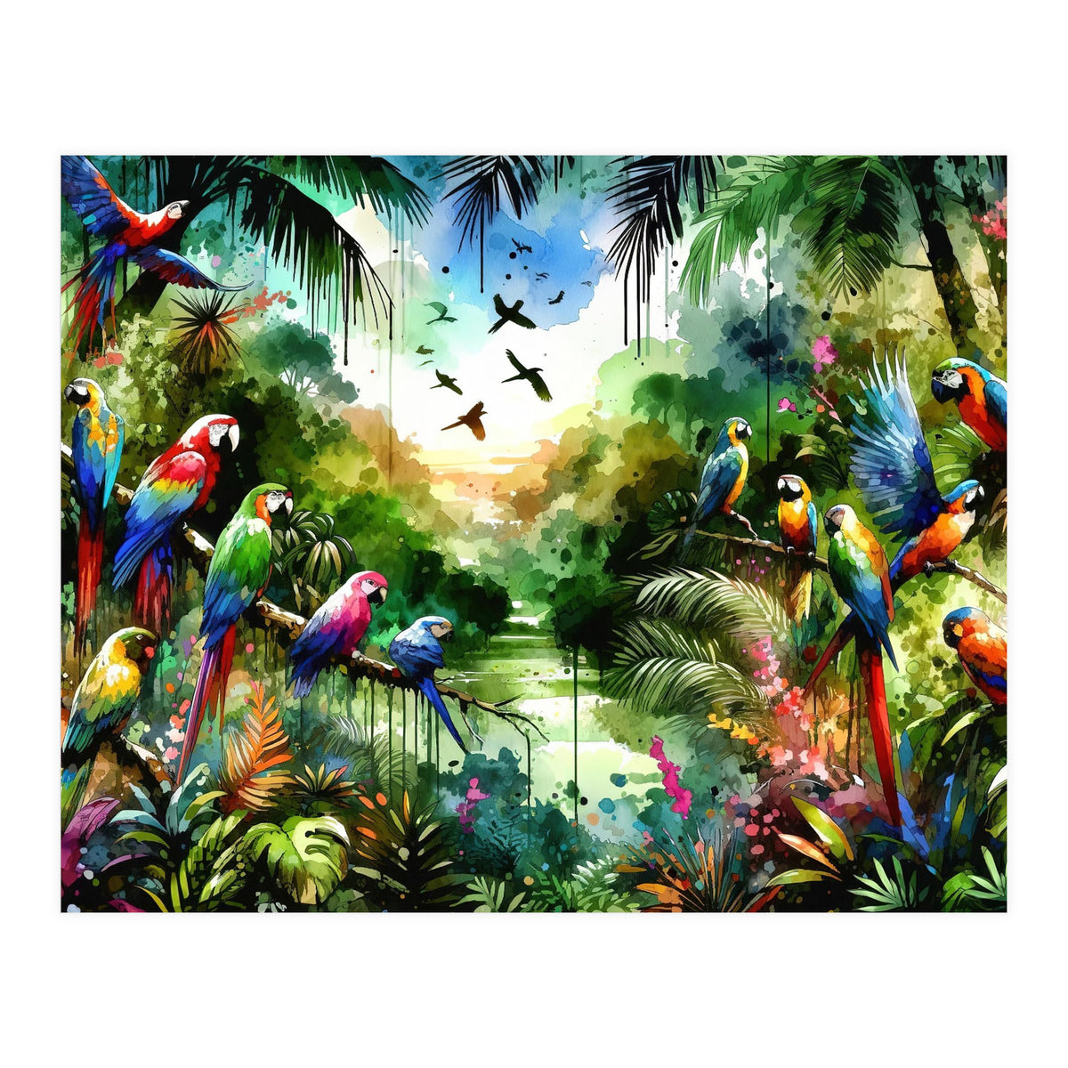 Watercolor Tropical Birds In The Jungle (Print Only)