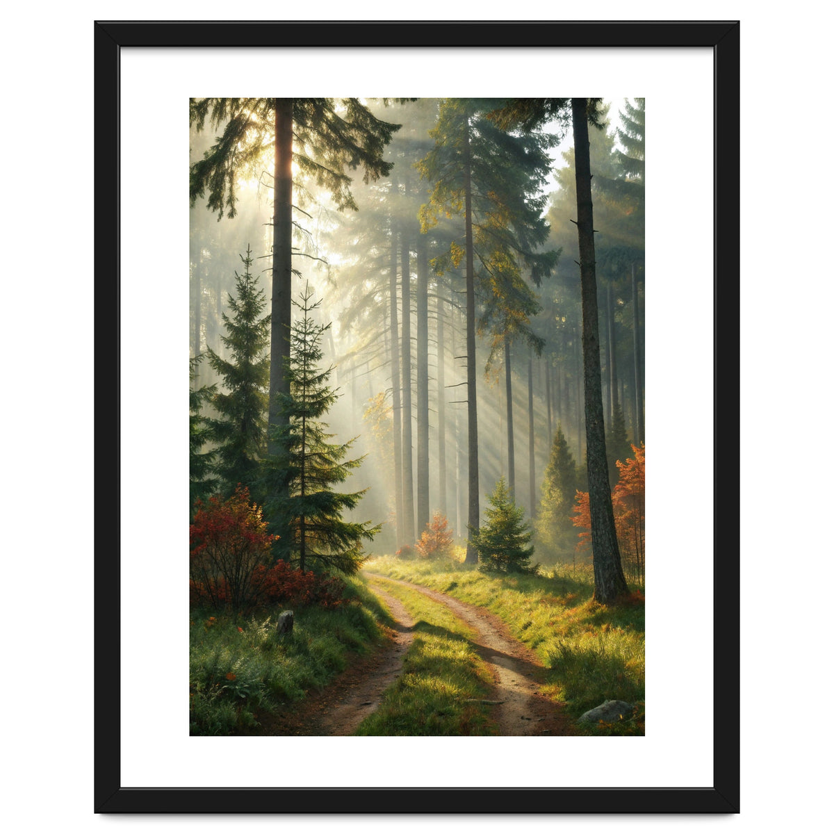 The Golden Path: Ethereal Sunbeams Piercing Through a Misty Evergreen Forest at Dawn