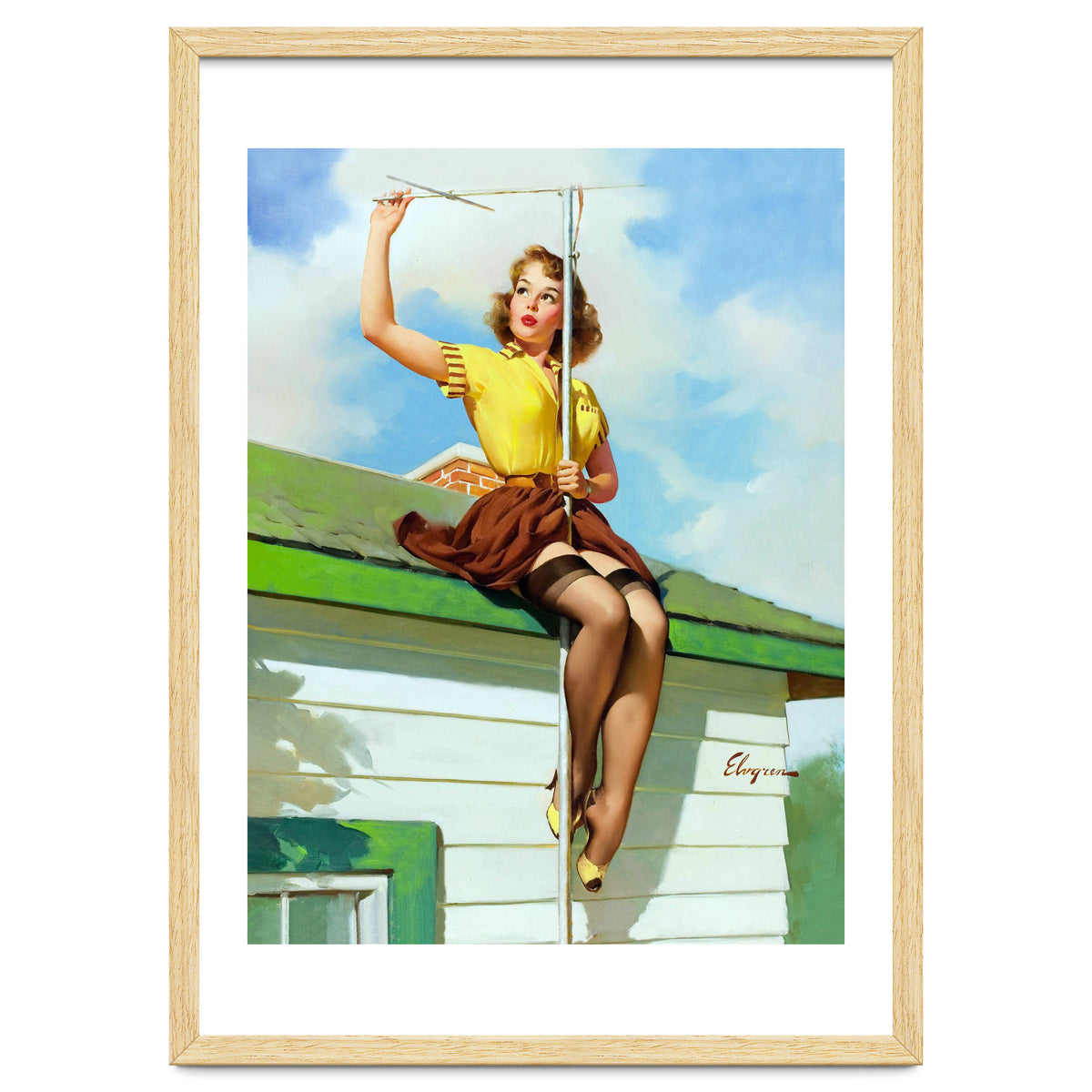 Pinup Sexy Girl Setting Up The Antenna On The Roof