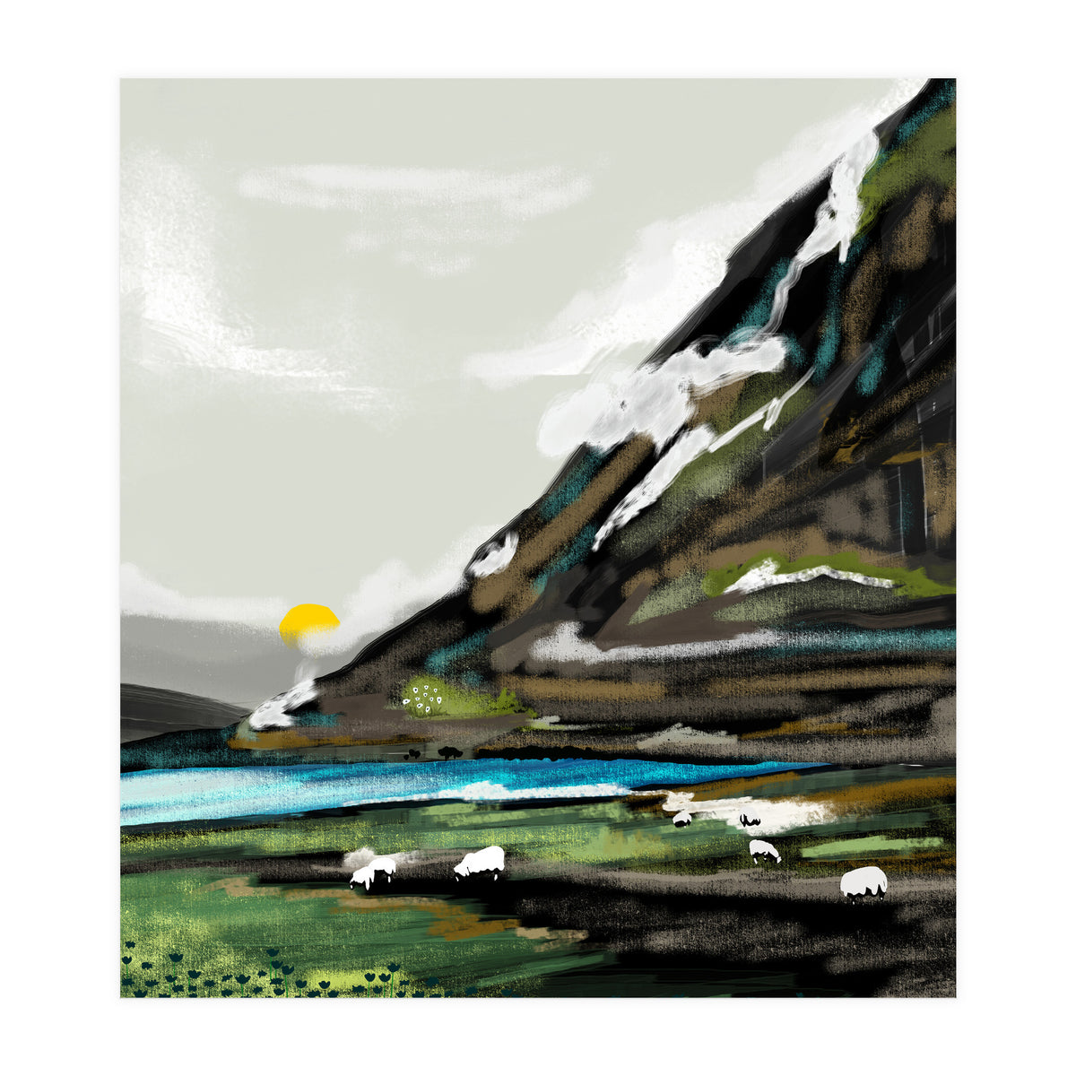 Graze, Cattle Nature Landscape Painting, Mountains Wild Adventure Cows, Animals Grassland Bohemian (Print Only)