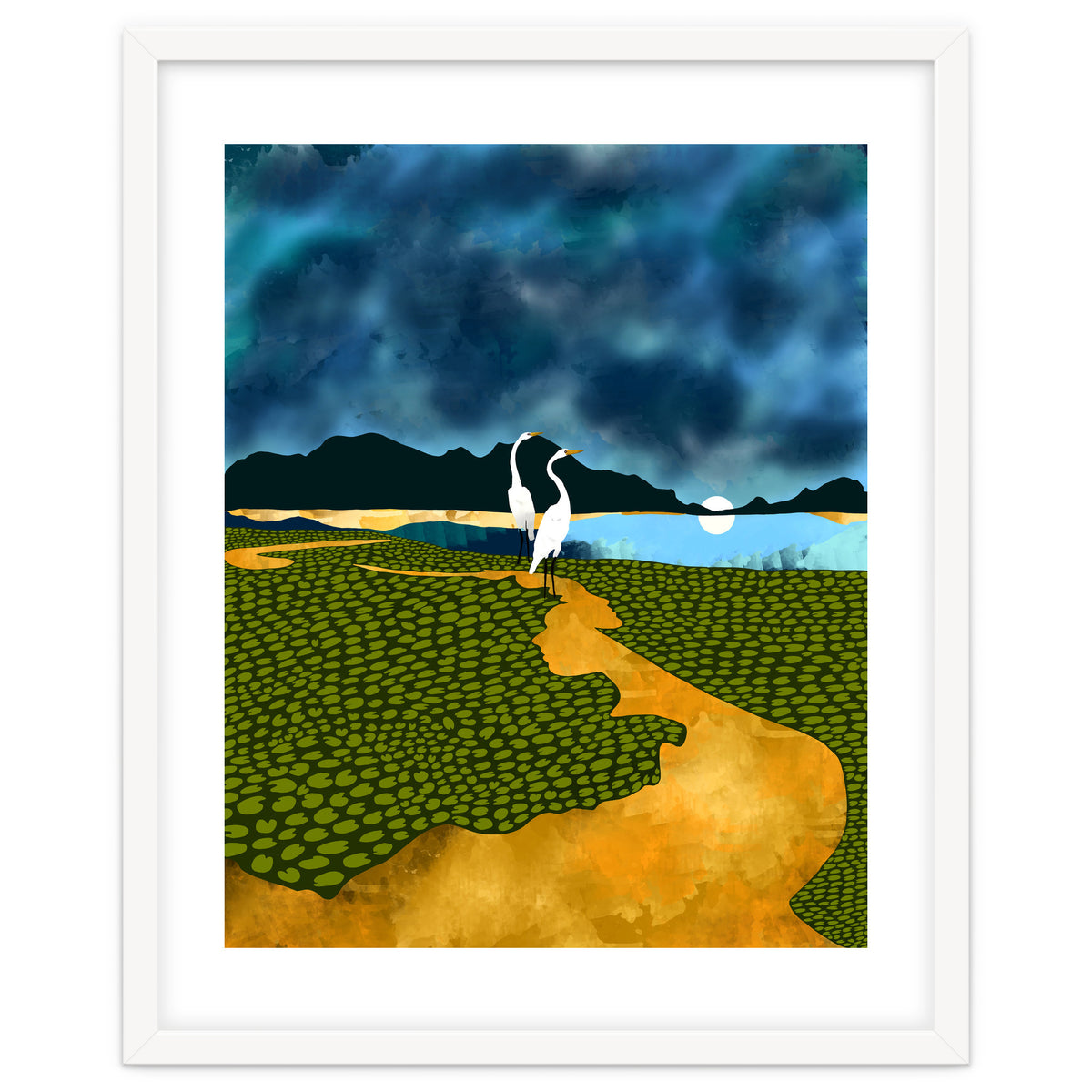 Great Egrets On Honeymoon Island, Heron Wildlife Painting Nature Landscape, Travel Dark Scenic Birds Love Animals Lake Bohemian
