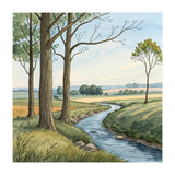 Pastoral Countryside Watercolor Painting with Winding Stream Meadows and Deciduous Trees Landscape (Print Only) thumbnail