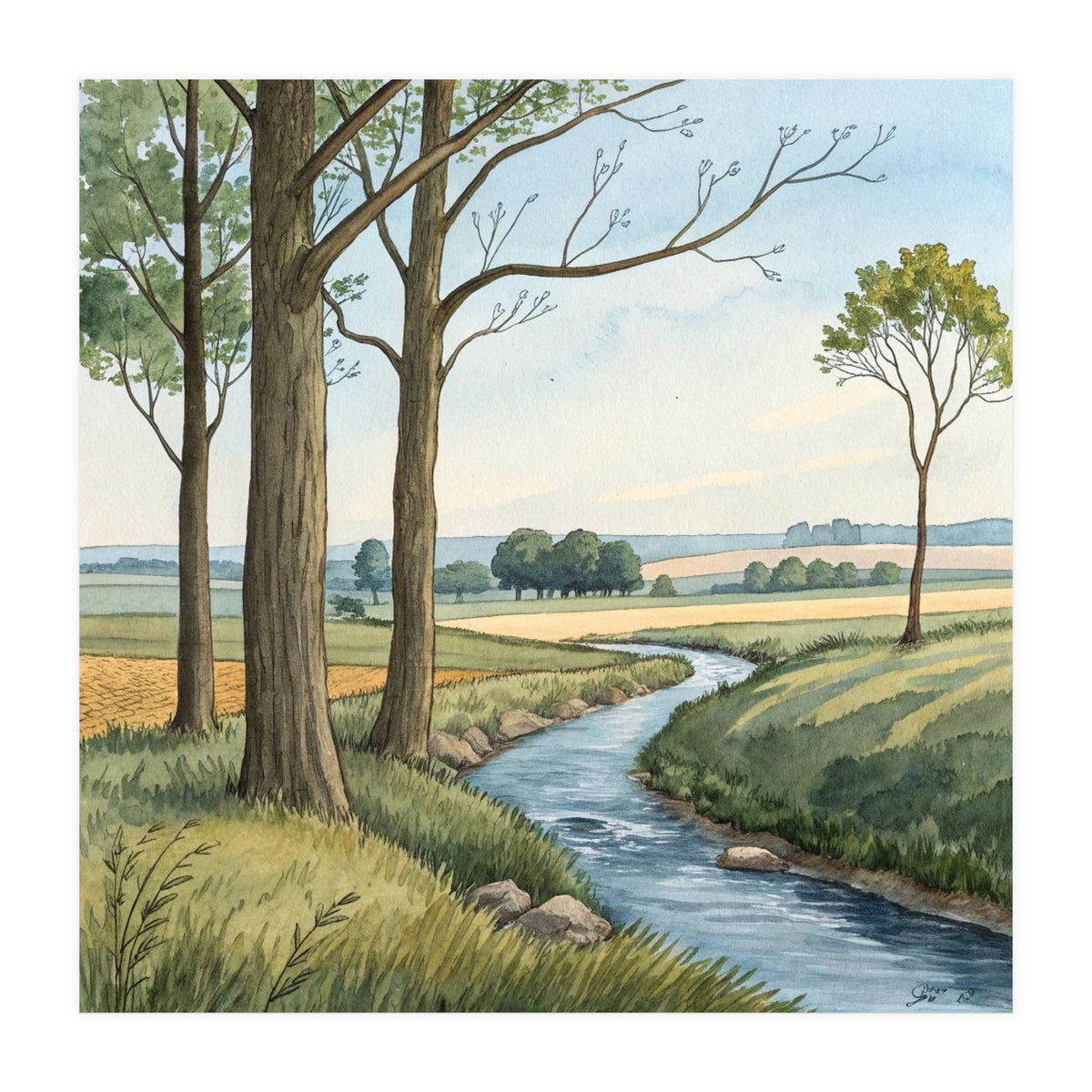 Pastoral Countryside Watercolor Painting with Winding Stream Meadows and Deciduous Trees Landscape (Print Only)