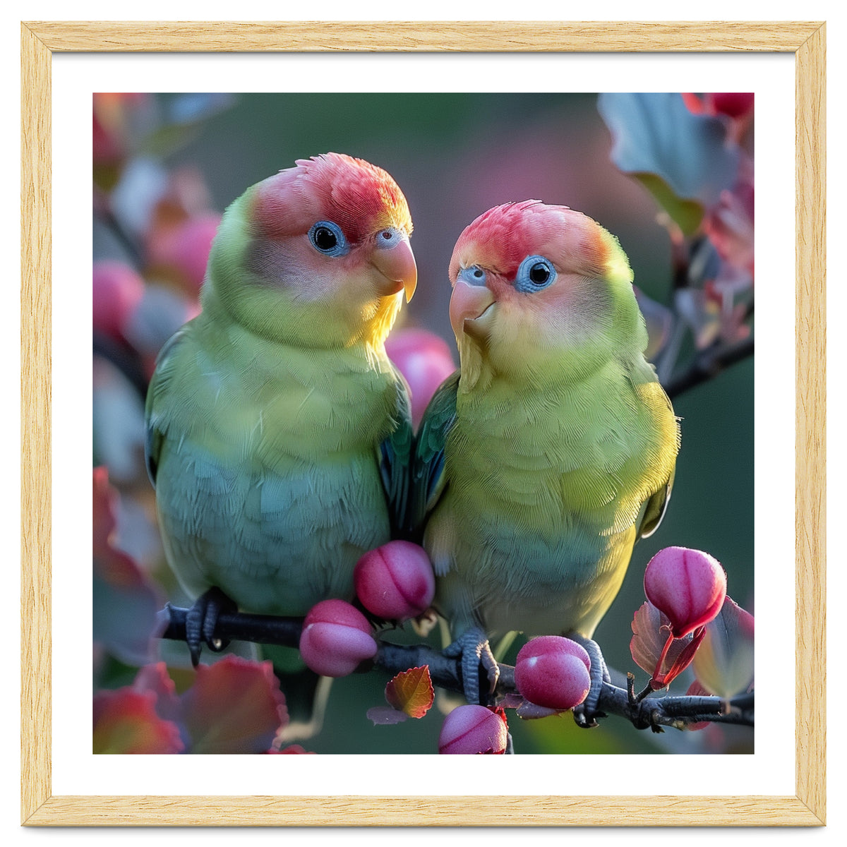 Two Lovebirds On A Branch Surrounded By Berries