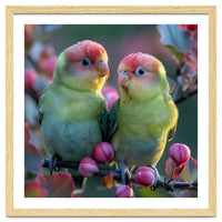 Two Lovebirds On A Branch Surrounded By Berries