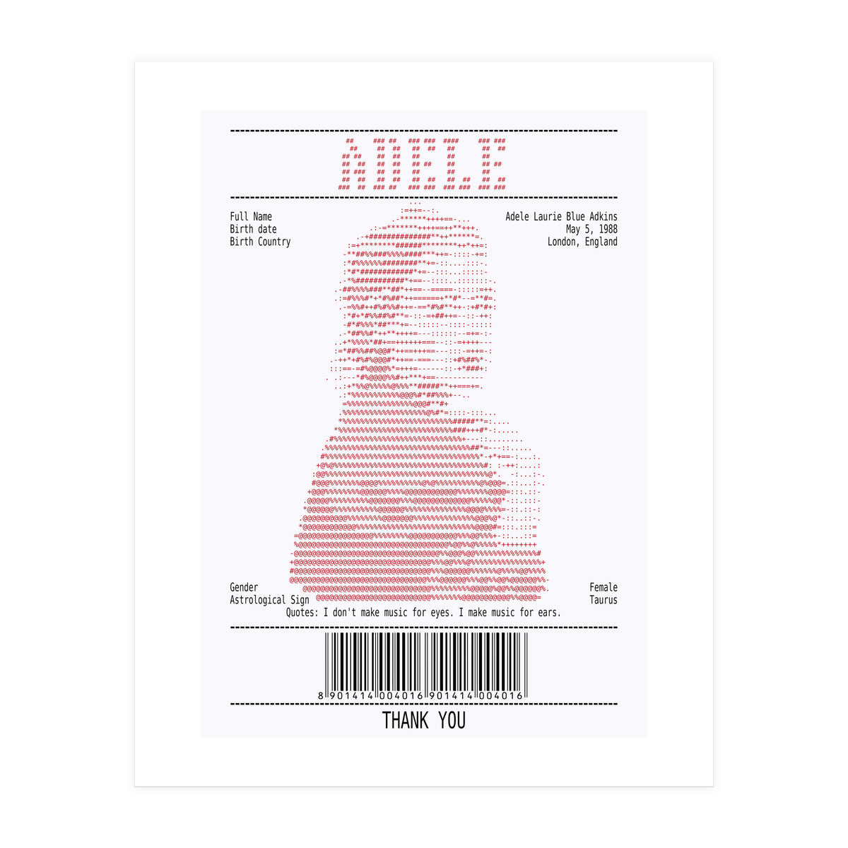 Receipt Art Adele Red (Print Only)