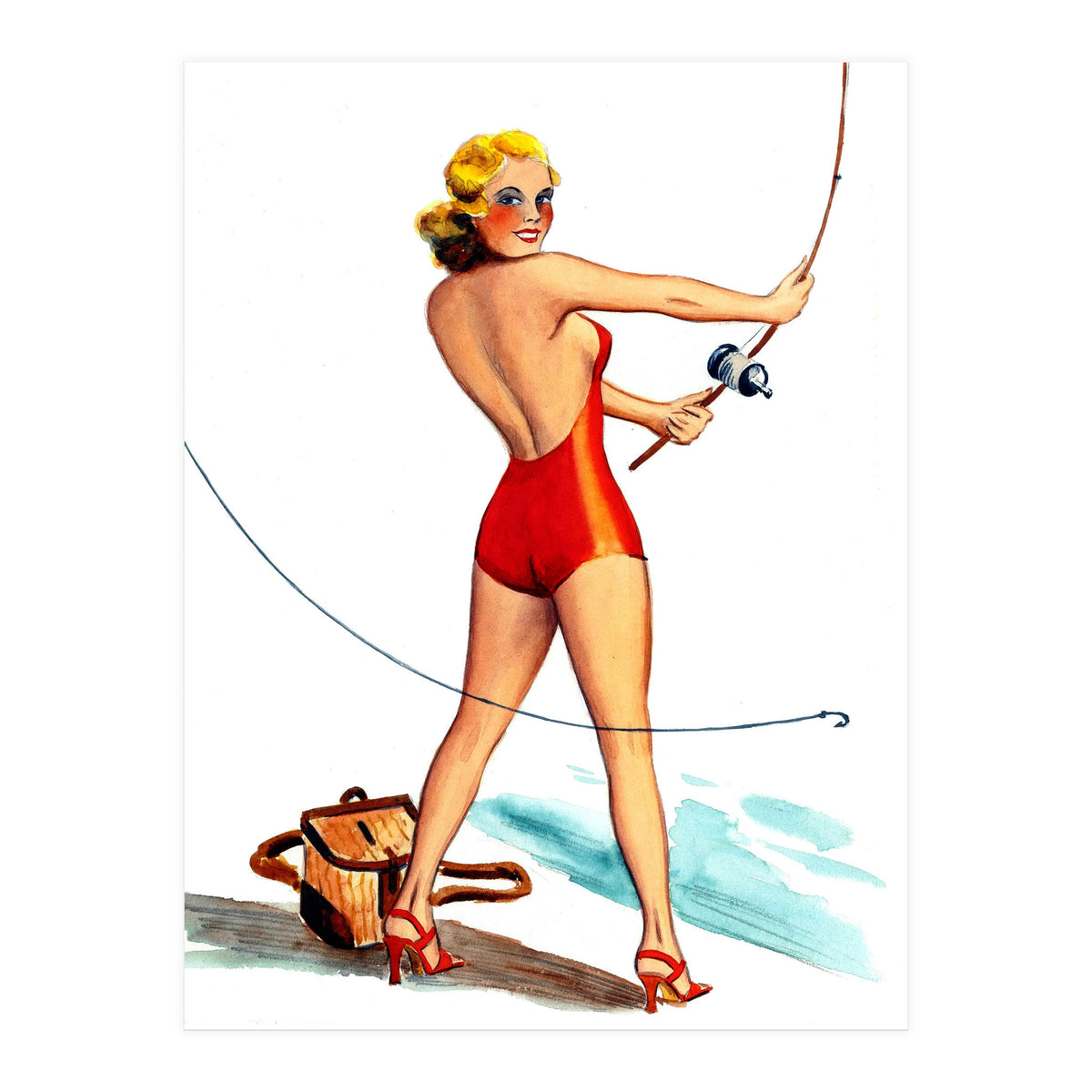 Pinup Girl Fishing On The Coast (Print Only)