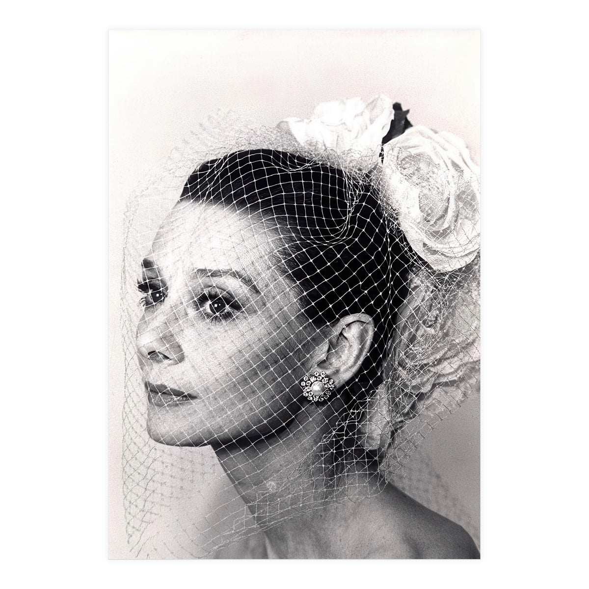 Audrey Hepburn with Veil, Classic Hollywood Glamour Photography, Black and White Icon Portrait (Print Only)