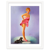 Pinup Girl On A Scale With Her Little Black Dog Behind