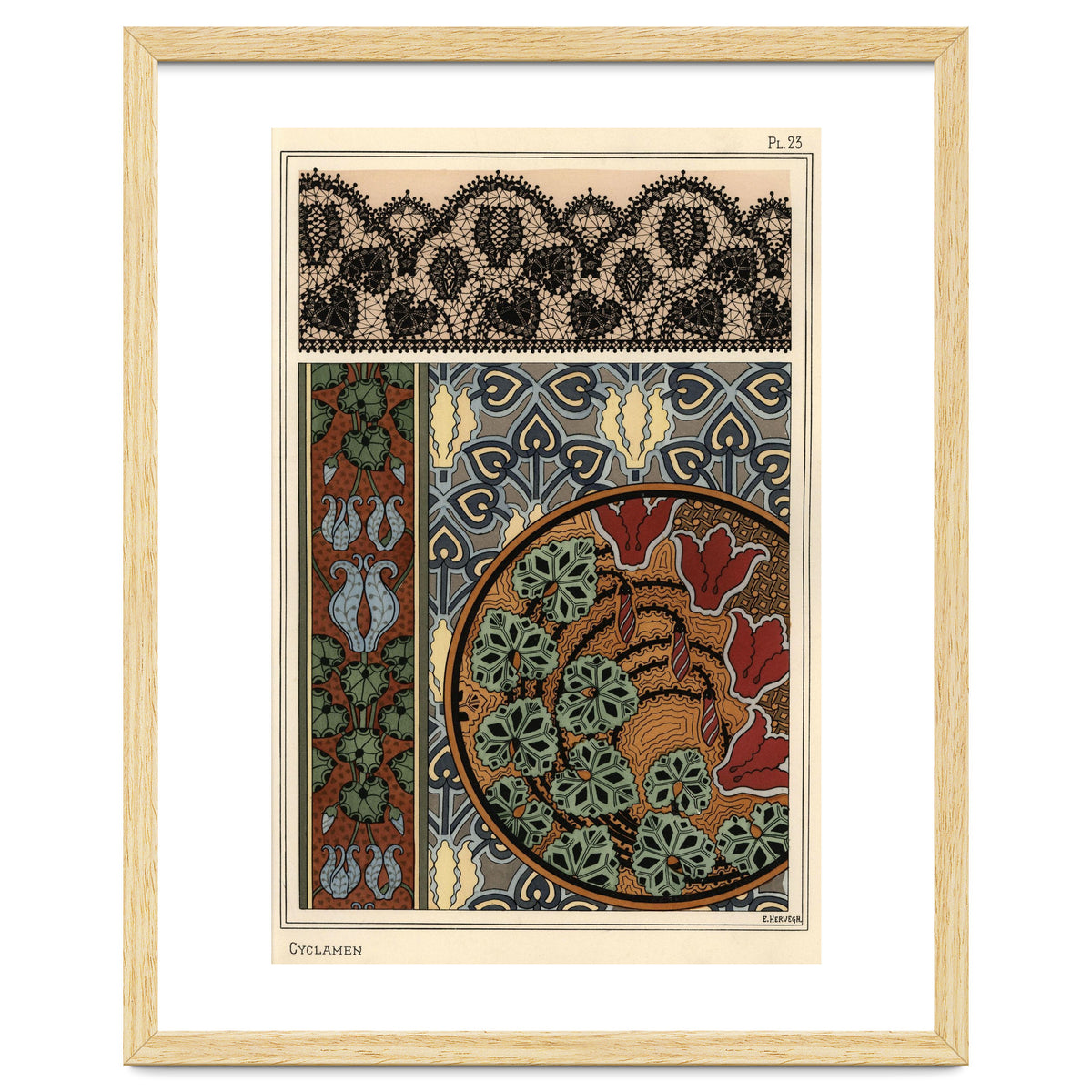 Cyclamen persicum motif in patterns for lace, wallpaper and fabric.