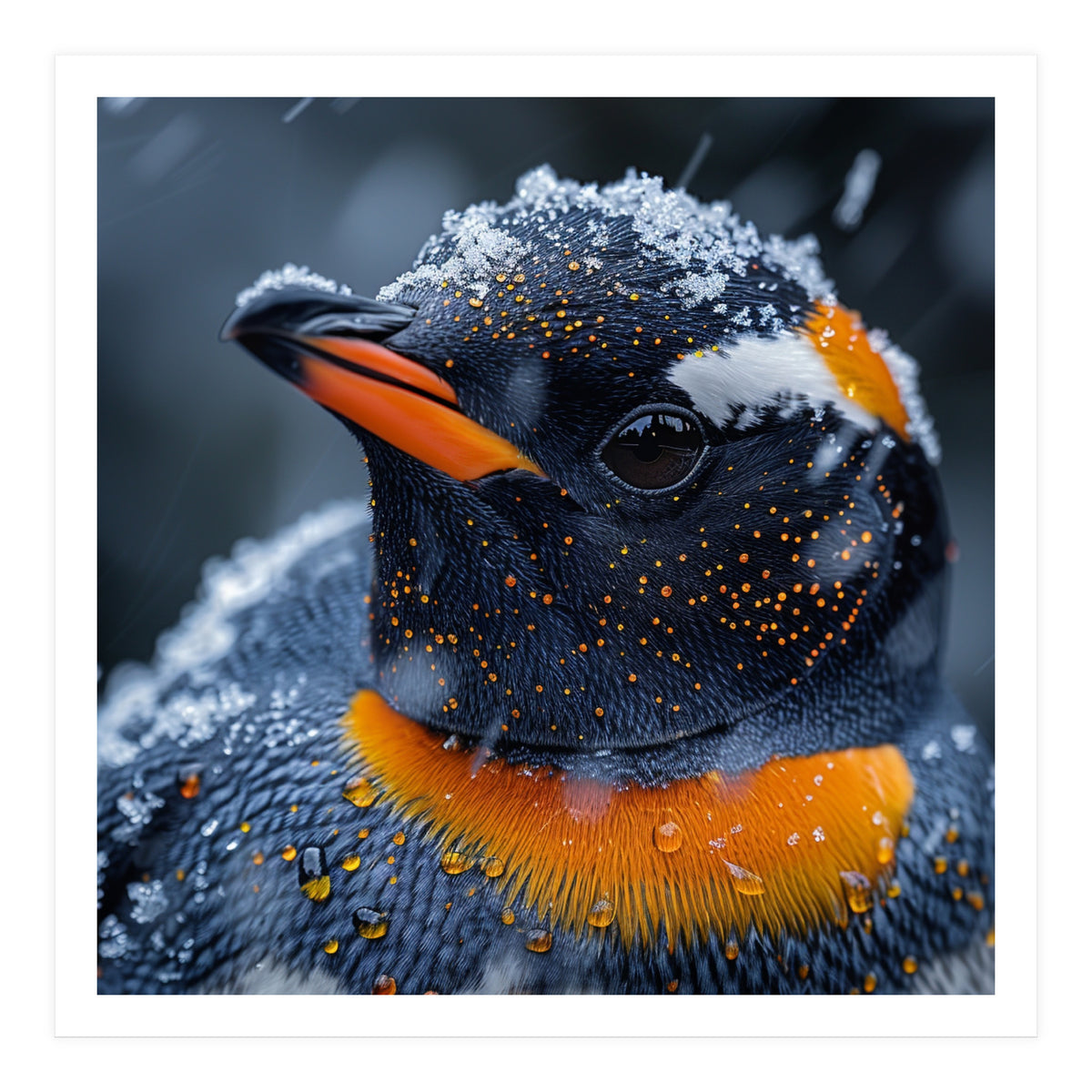Close Up Penguin In Snow With Water Droplets (Print Only)