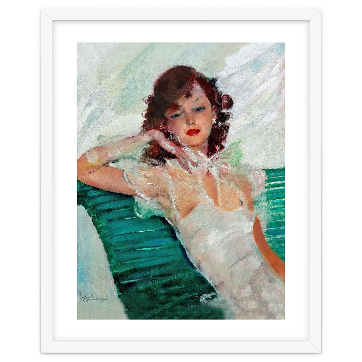 Girl Is Resting On A Green Bench, Watercolor Painting