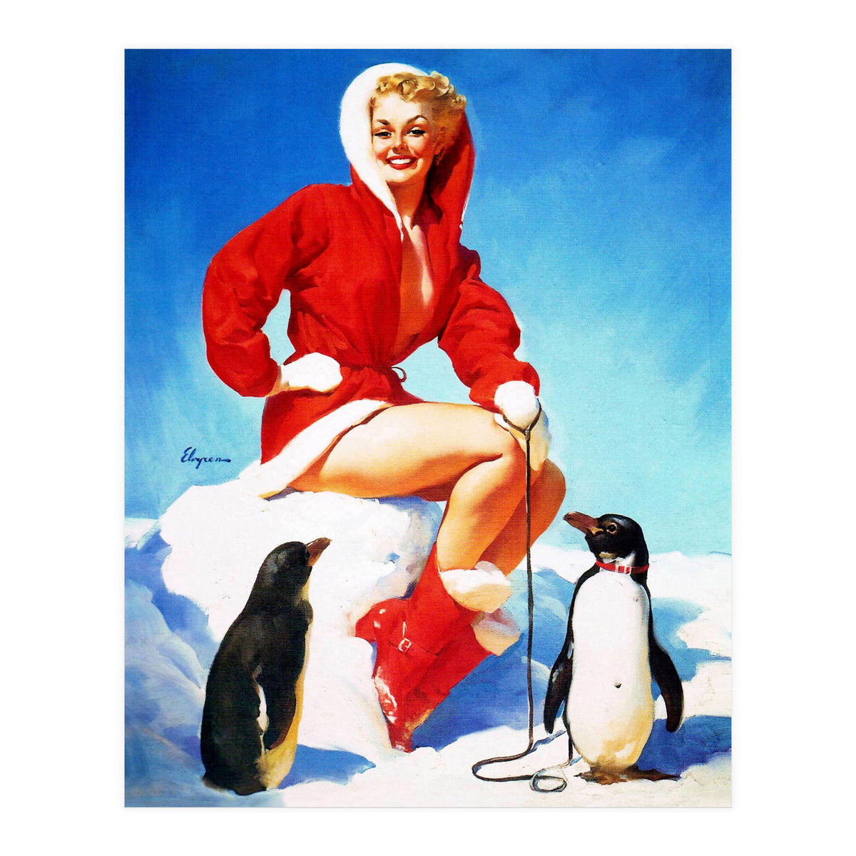 Pinup Sexy Woman Posing With Two Penguins (Print Only)