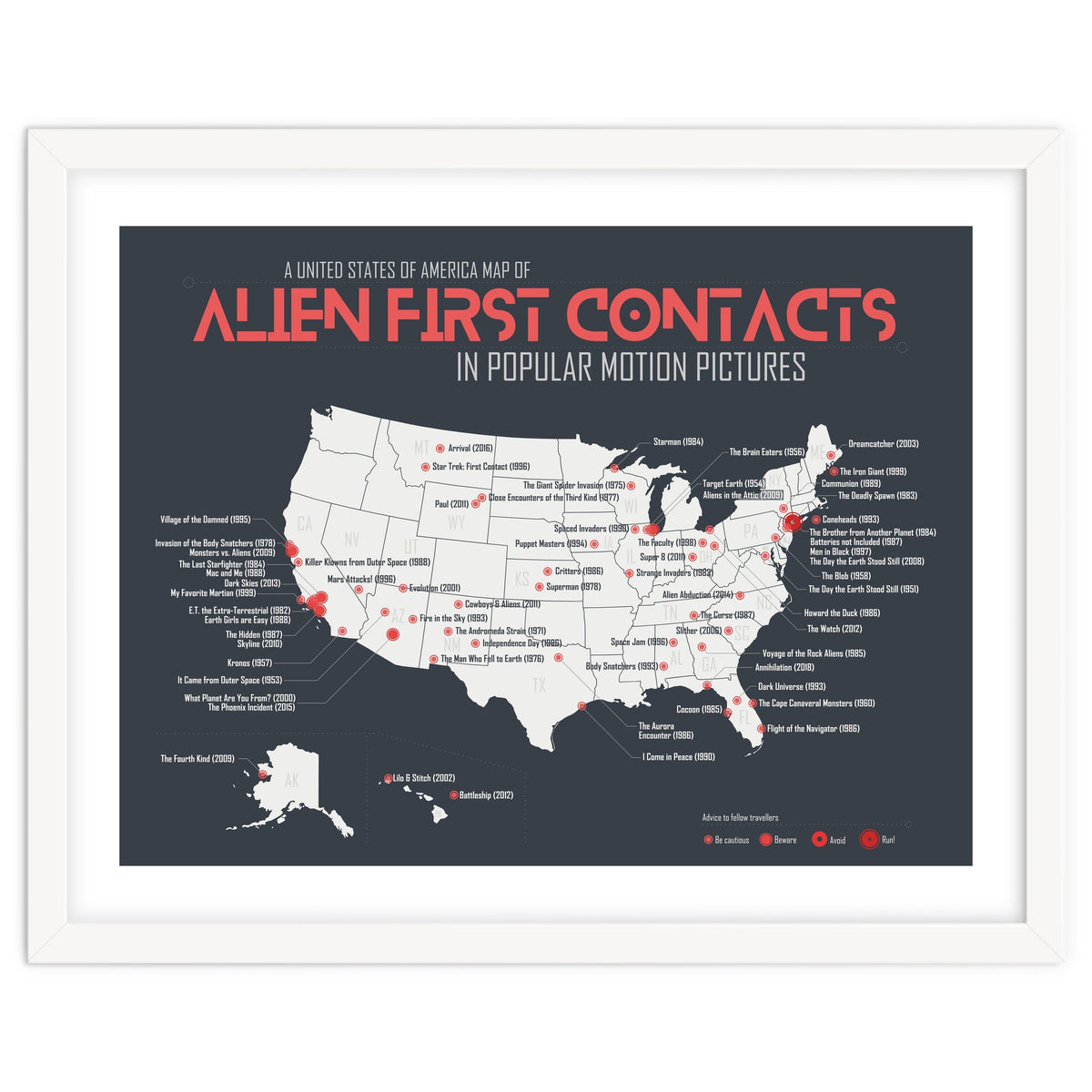 USA Map of Alien First Contacts in Movies