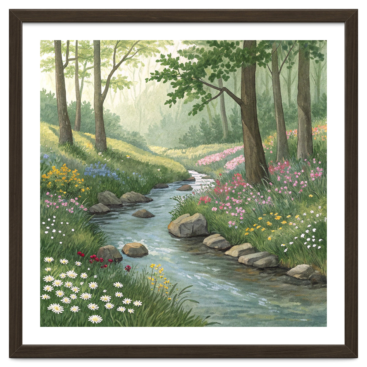 Vibrant Forest Stream Watercolor Painting