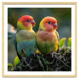 Lovebirds Couple Perched On Mossy Branch Sunlight thumbnail