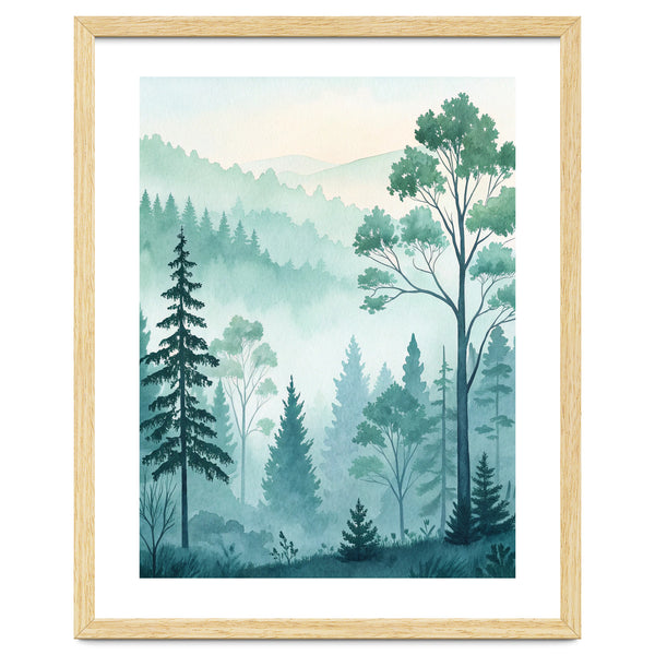 Ethereal Misty Pine Forest Watercolor Art