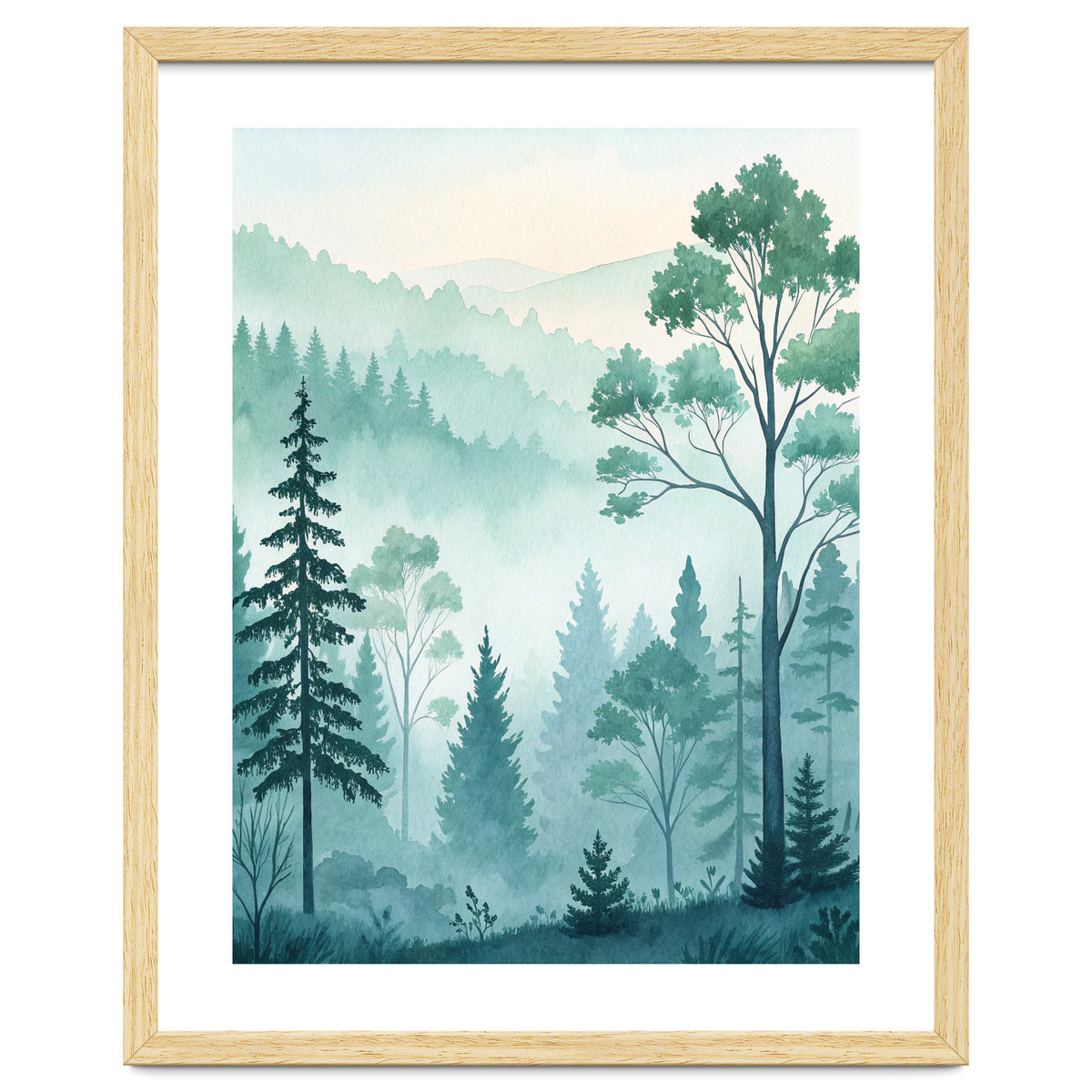 Ethereal Misty Pine Forest Watercolor Art