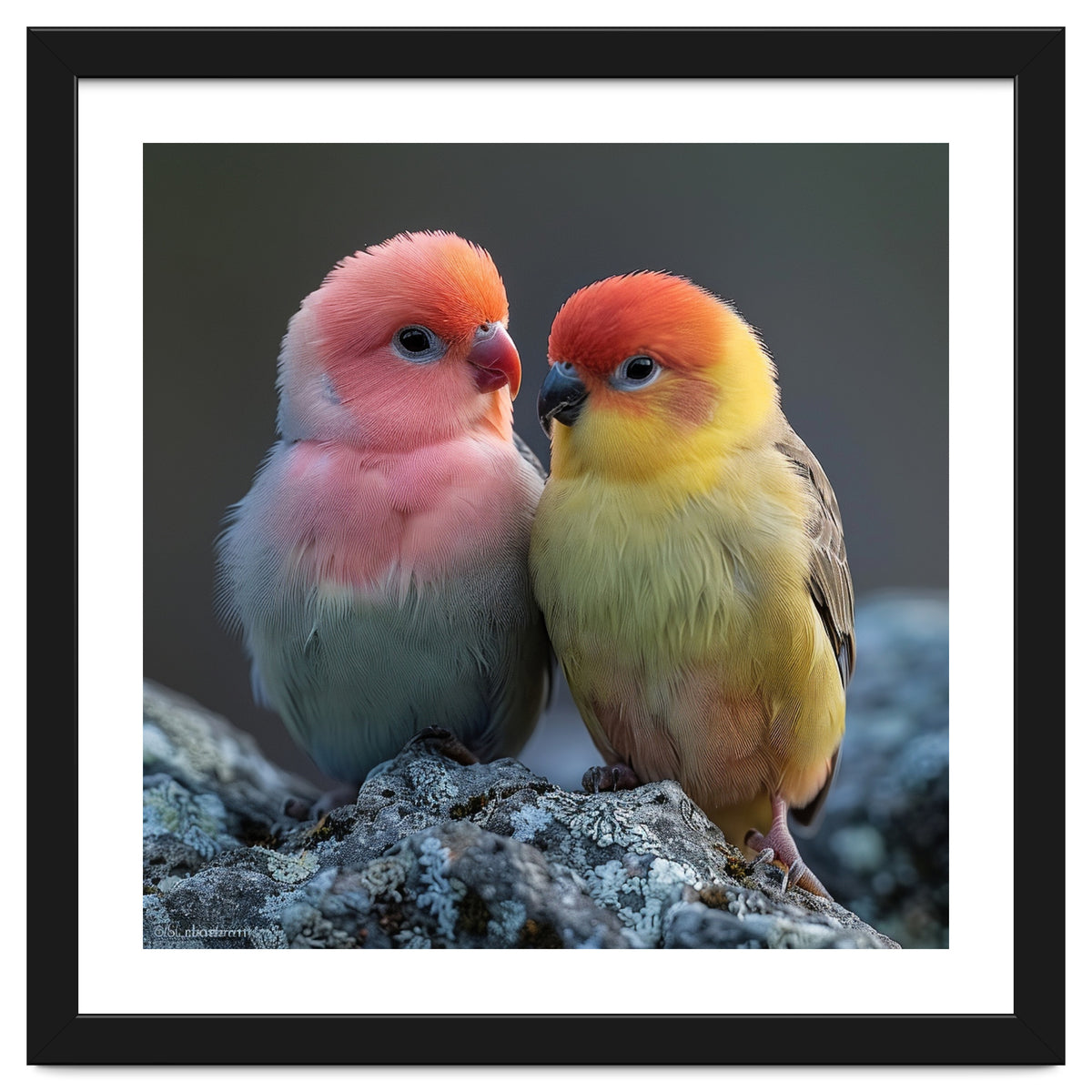 Pair Of Lovebirds Sitting On Rocks