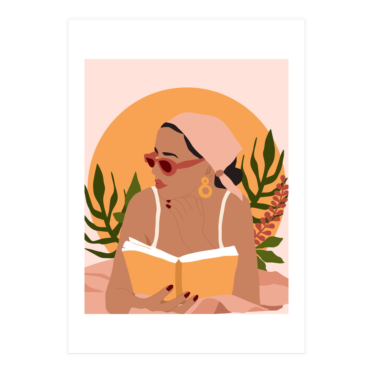 Bohemian Summer, Modern Boho Girl Reader, Books Read Self Care Self Love, Travel Hippie Nomad Black Woman (Print Only)