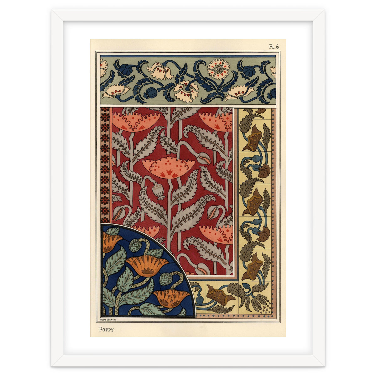 The poppy, Papaver somniferum, in stained glass, wallpaper, fabric and tile patterns. Lithograph ...
