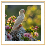 Albino Parrot Perched On A Rock Amongst Flowers thumbnail