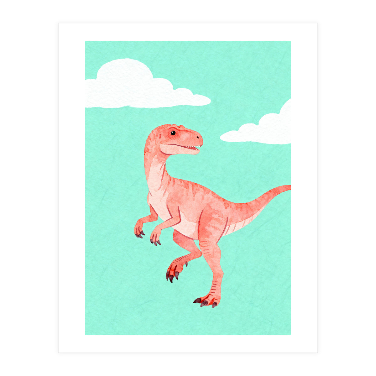 Velociraptor Watercolor Art, Cute Dino Nursery Print, Whimsical Dinosaur Illustration (Print Only)