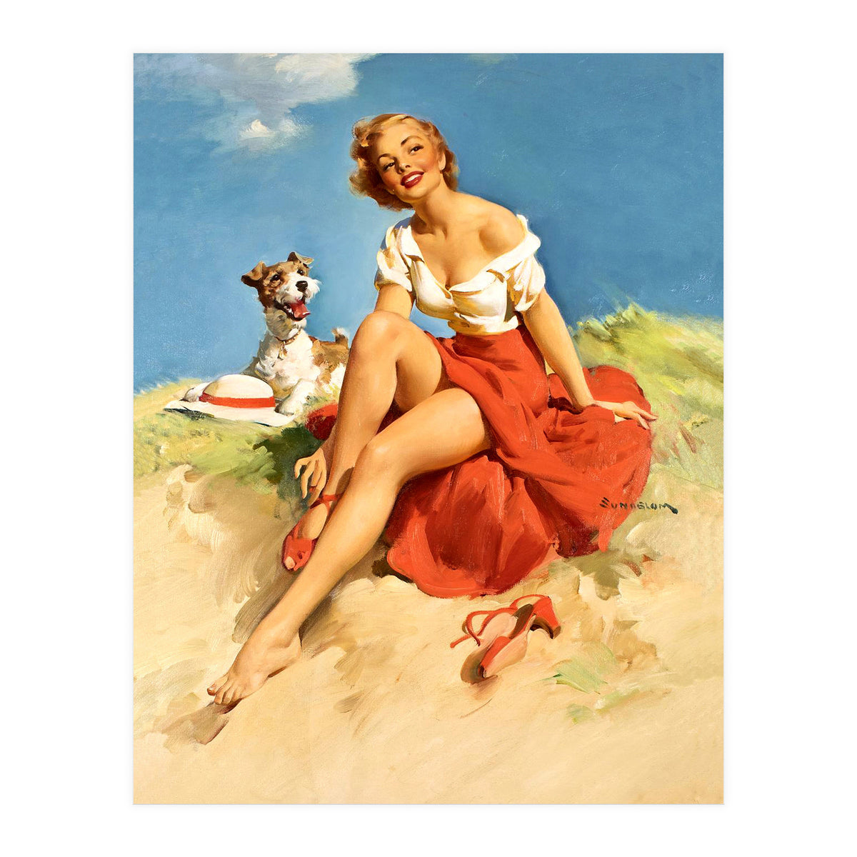 Sexy Pinup Girl On The Beach With Her Dog (Print Only)