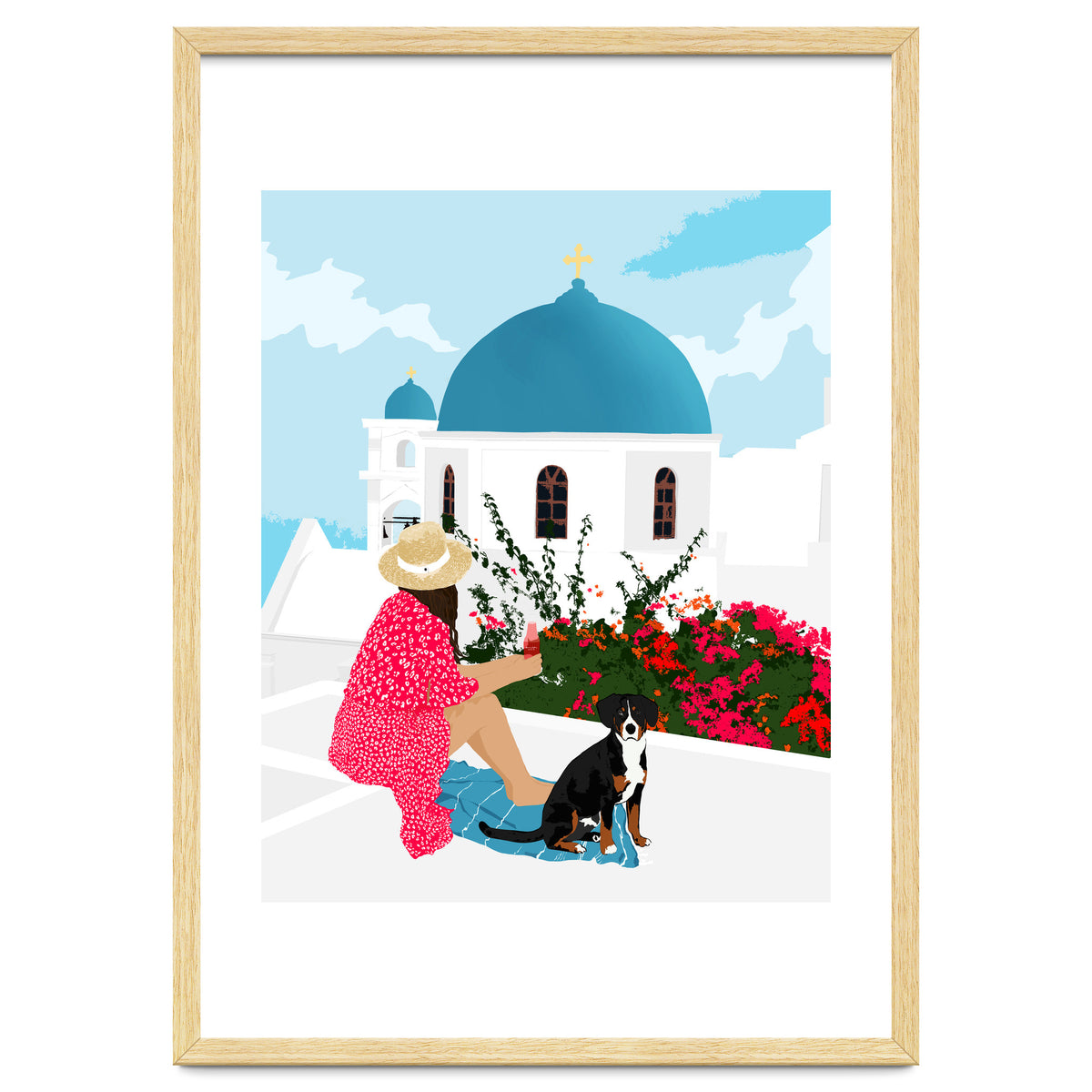 Greek Staycation, Pets Santorini Tropical Summer Travel, Dog White Buildings Architecture Fashion Bohemian