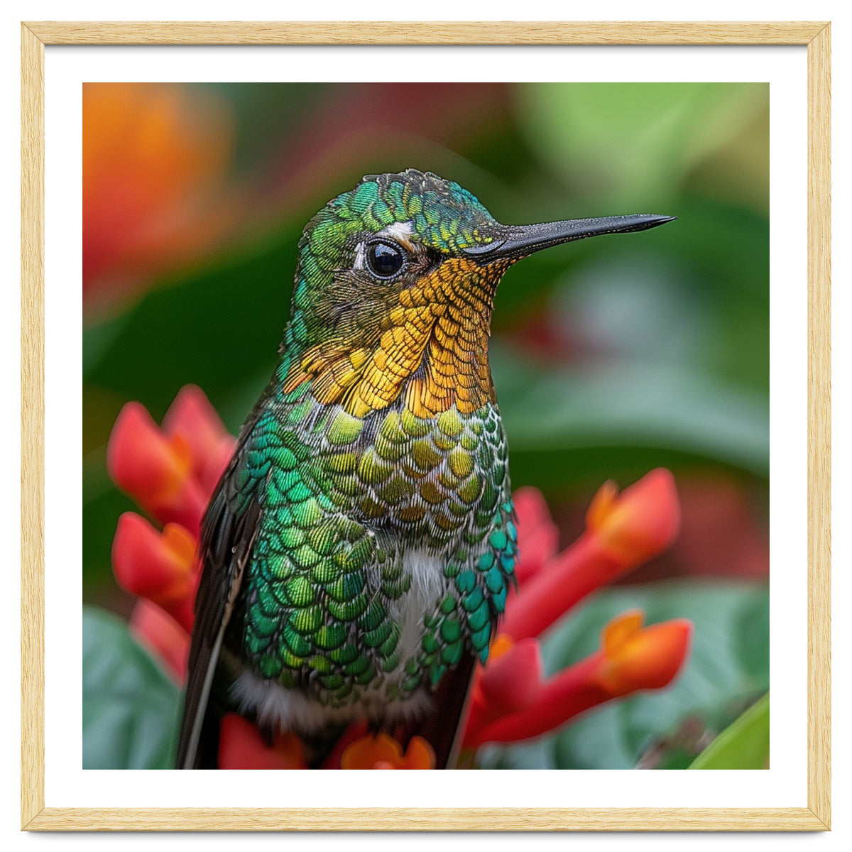Close Up Of A Hummingbird On Red Flowers