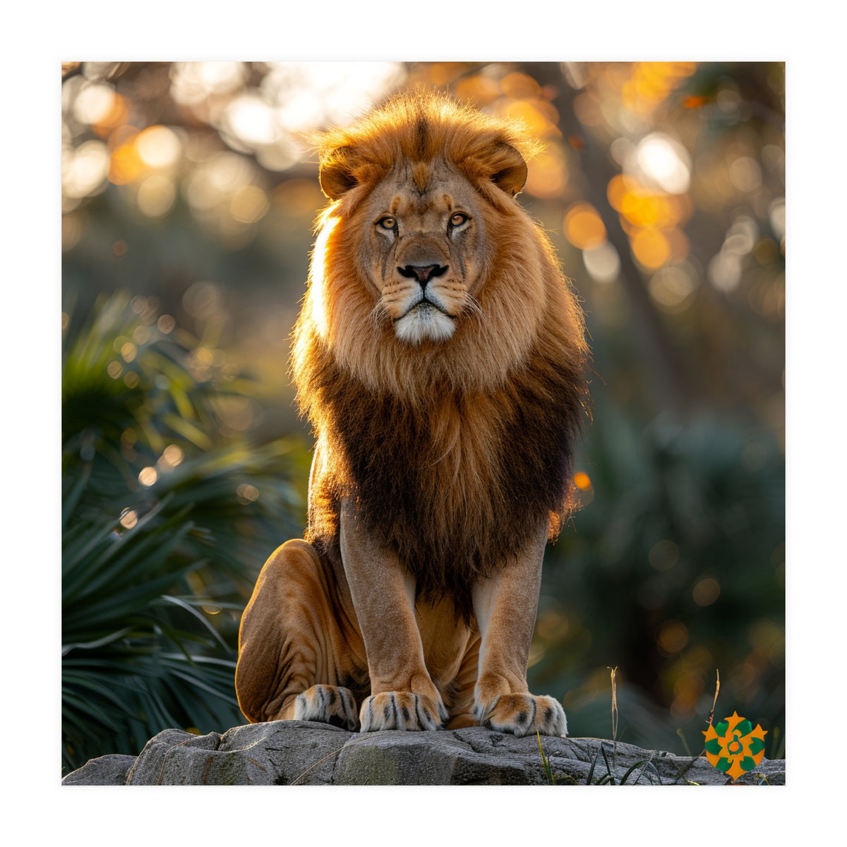 Majestic Lion Sitting On A Rock At Sunset (Print Only)