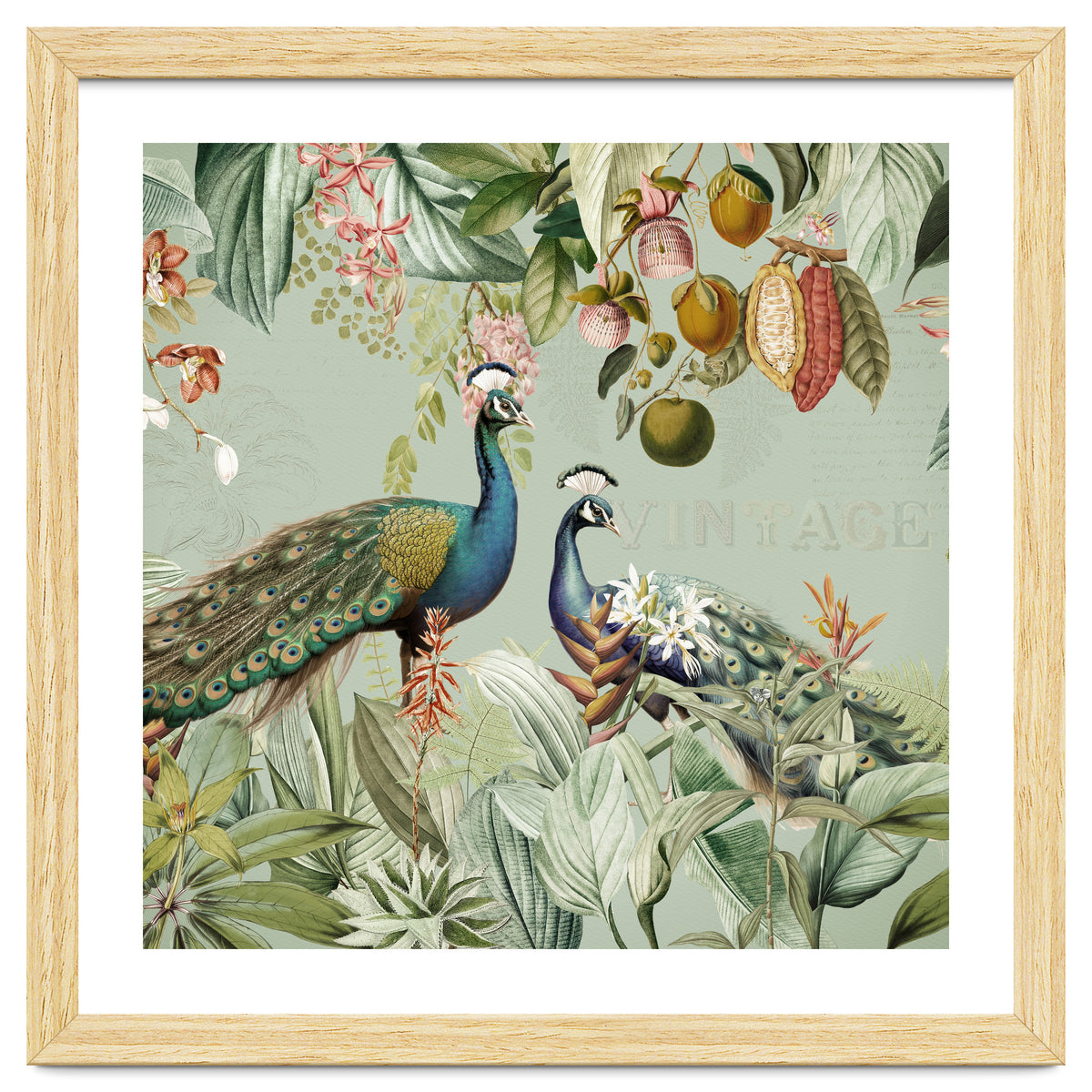 Vintage Exotic Asian Peacocks In Tropical Jungle Landscape