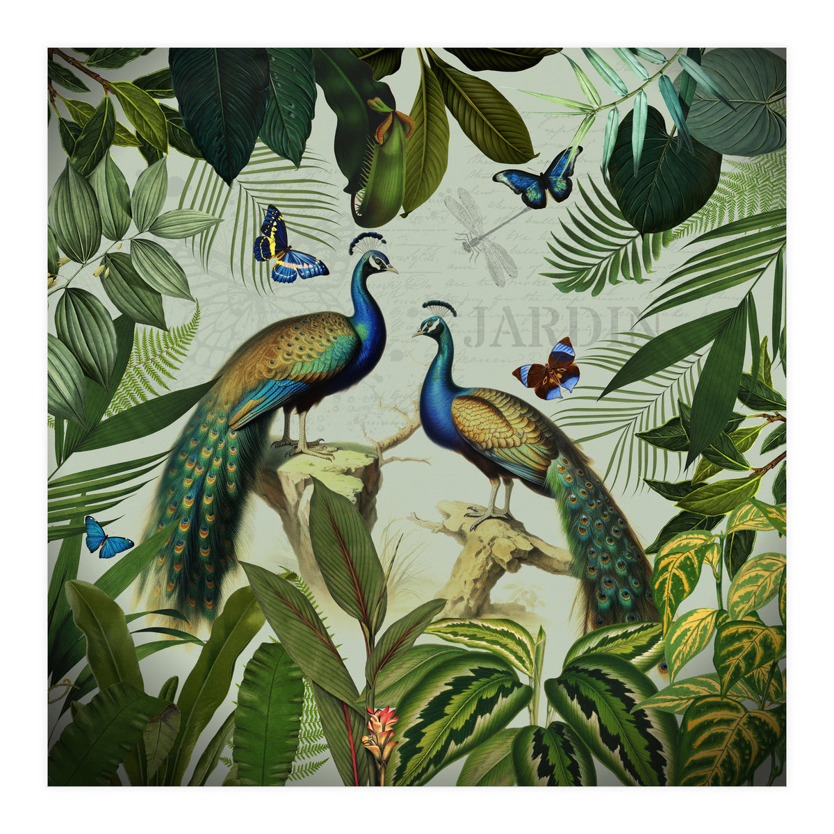 Vintage Exotic Asian Peacocks In Tropical Jungle Landscape (Print Only)