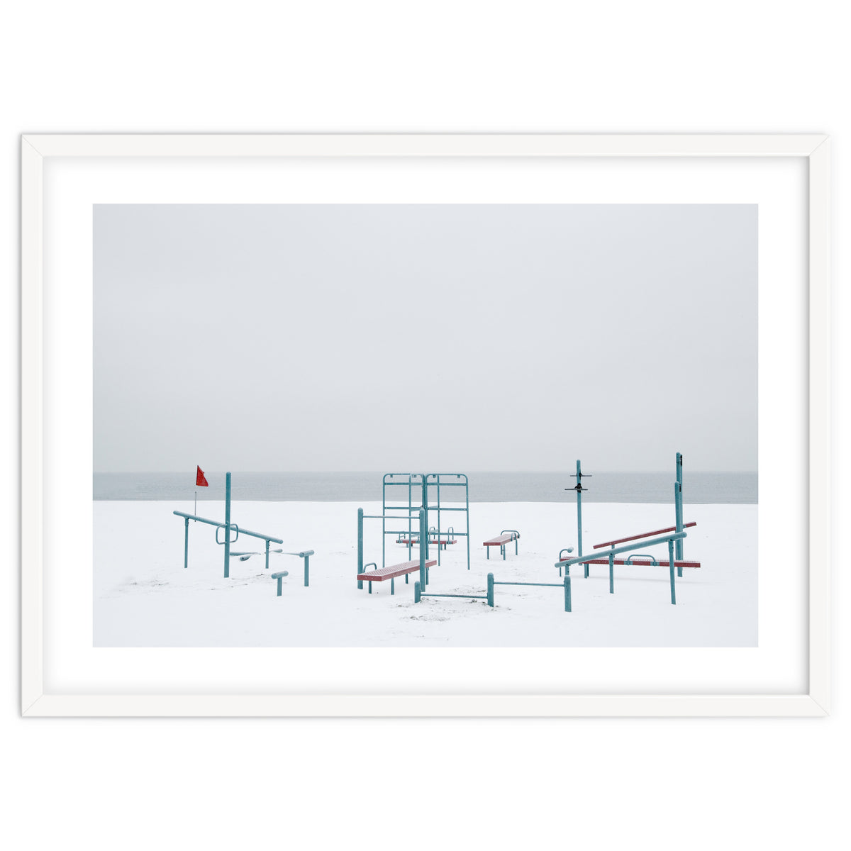 Playground in the winter snow beach