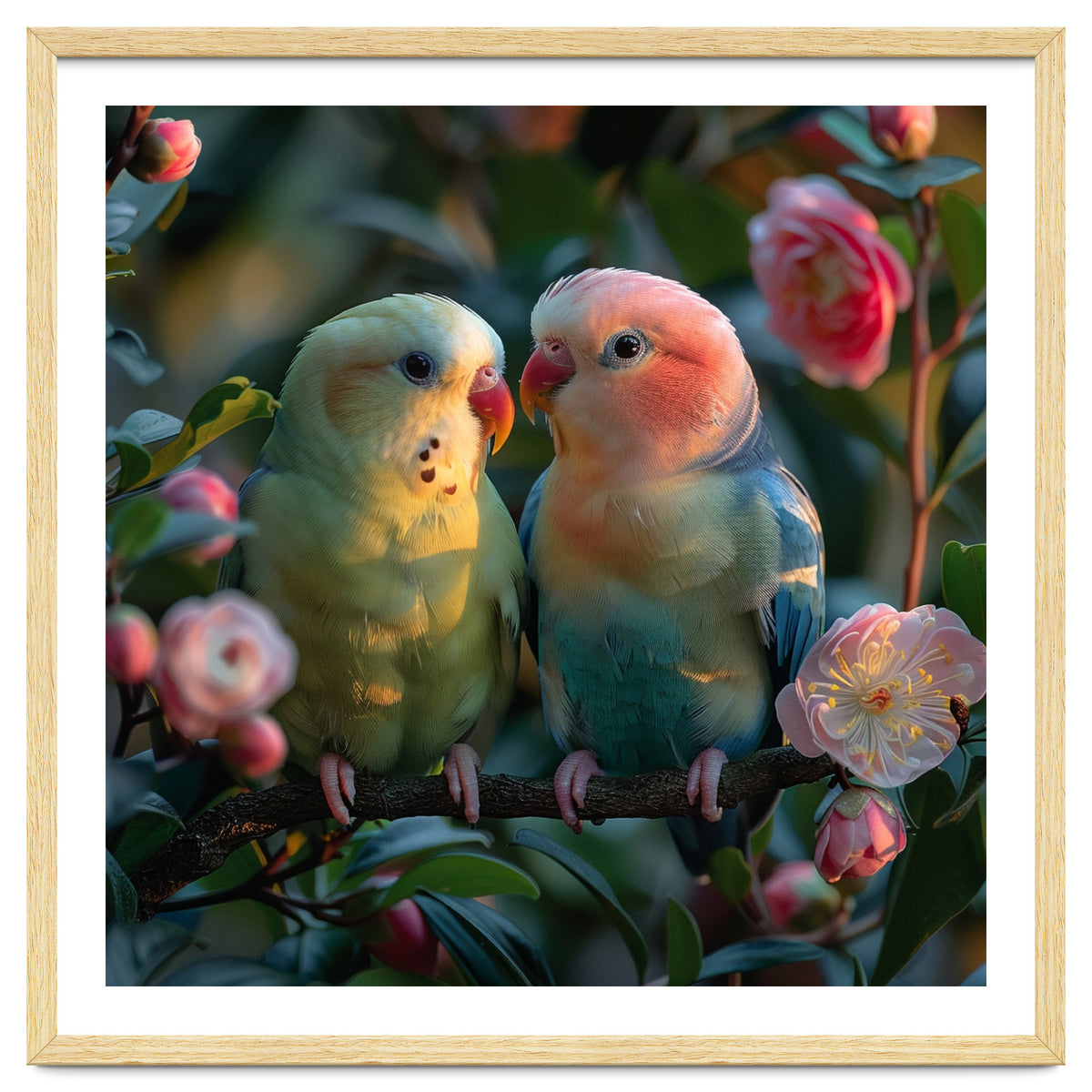 Two Lovebirds Perched On A Branch Near Flowers