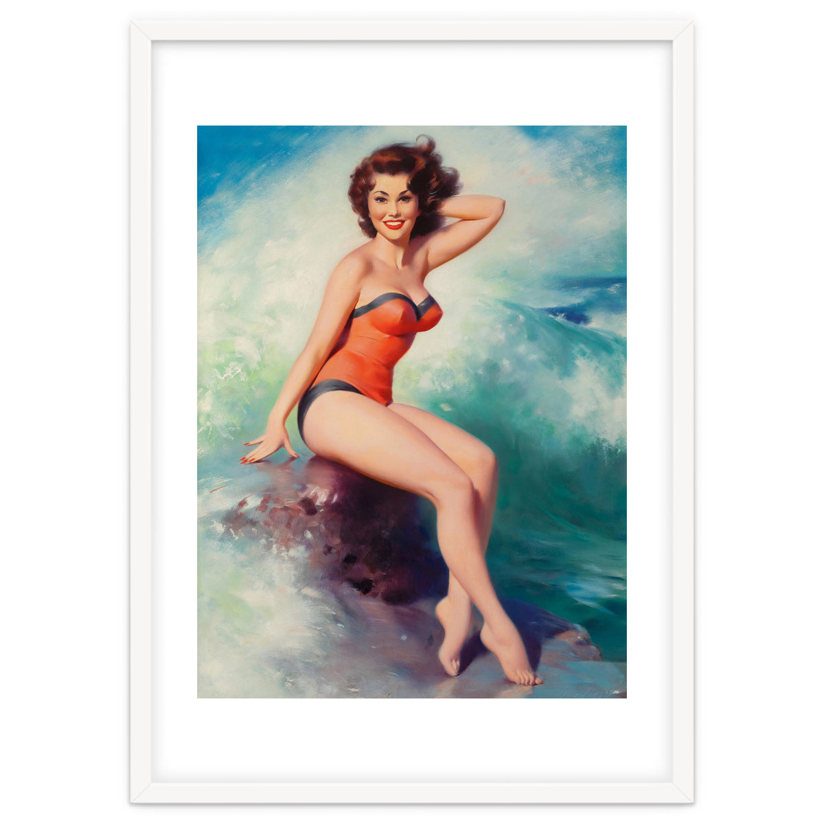 Pinup Girl Posing In Front Of Big Waves On The Beach