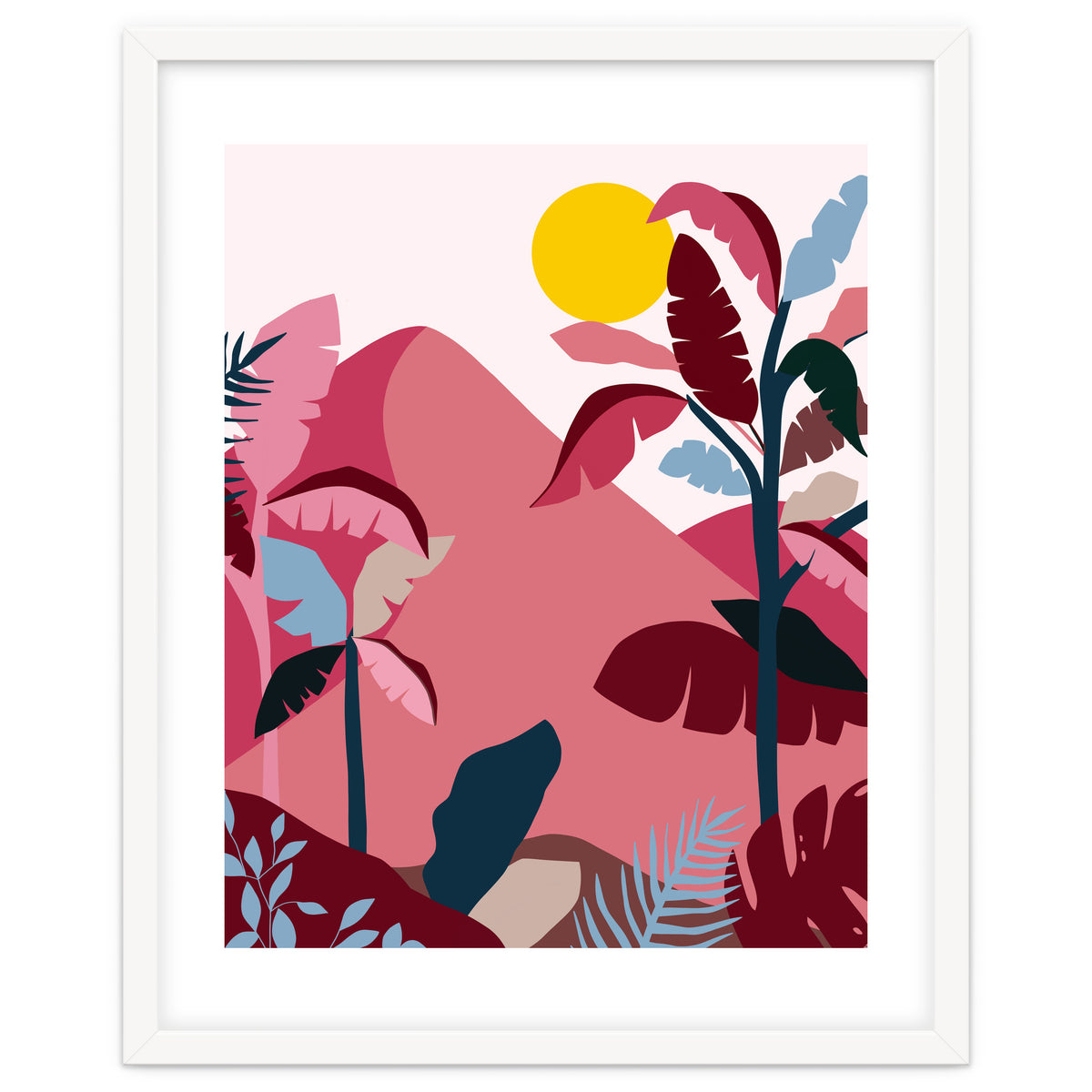 Tropical Sundowner, Pastel Jungle Botanical Nature, Summer Plants Palms Sunset, Mountain Landscape Travel Adventure