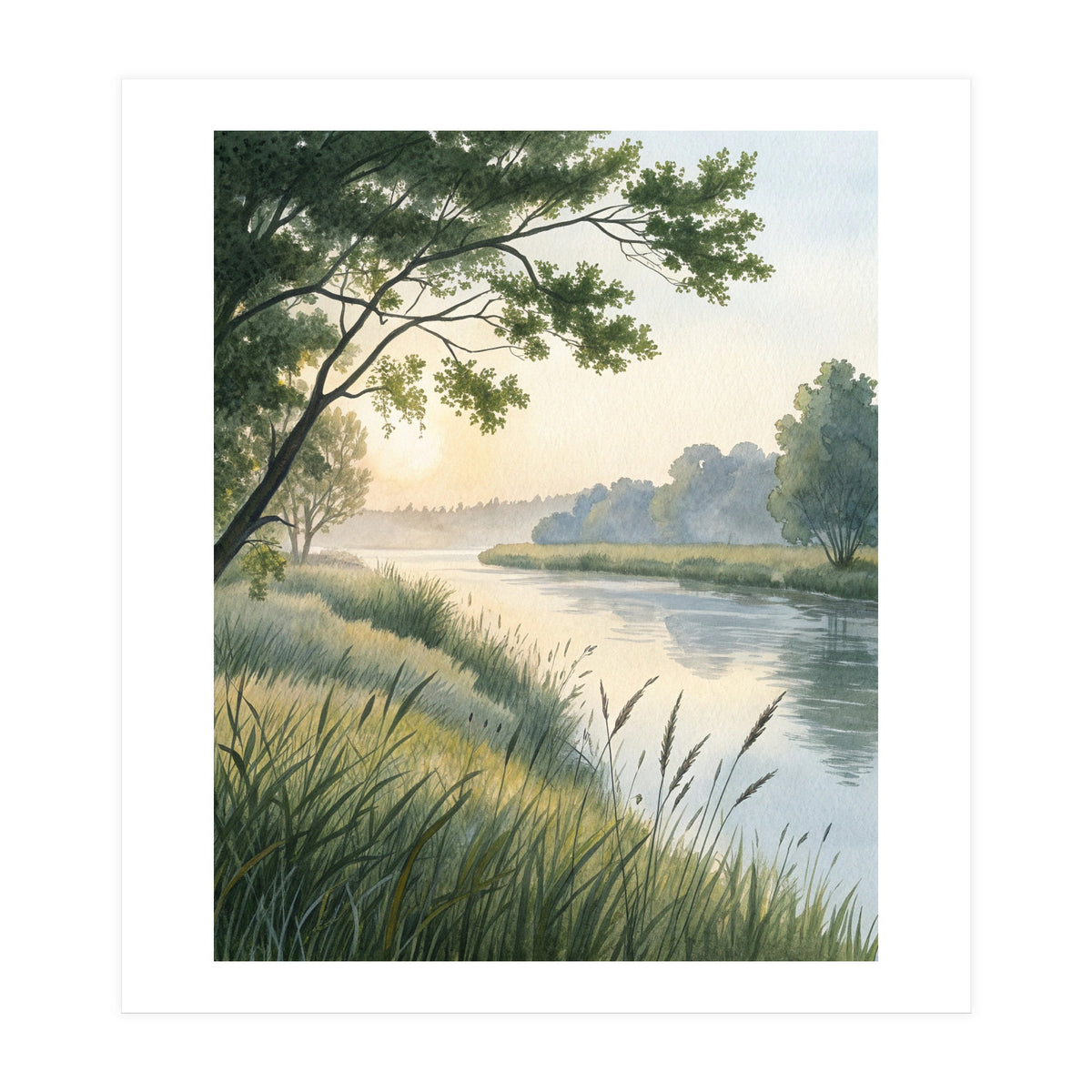 Serene River Sunrise Watercolor Painting with Meadow Grasses and Warm Golden Atmosphere Landscape (Print Only)