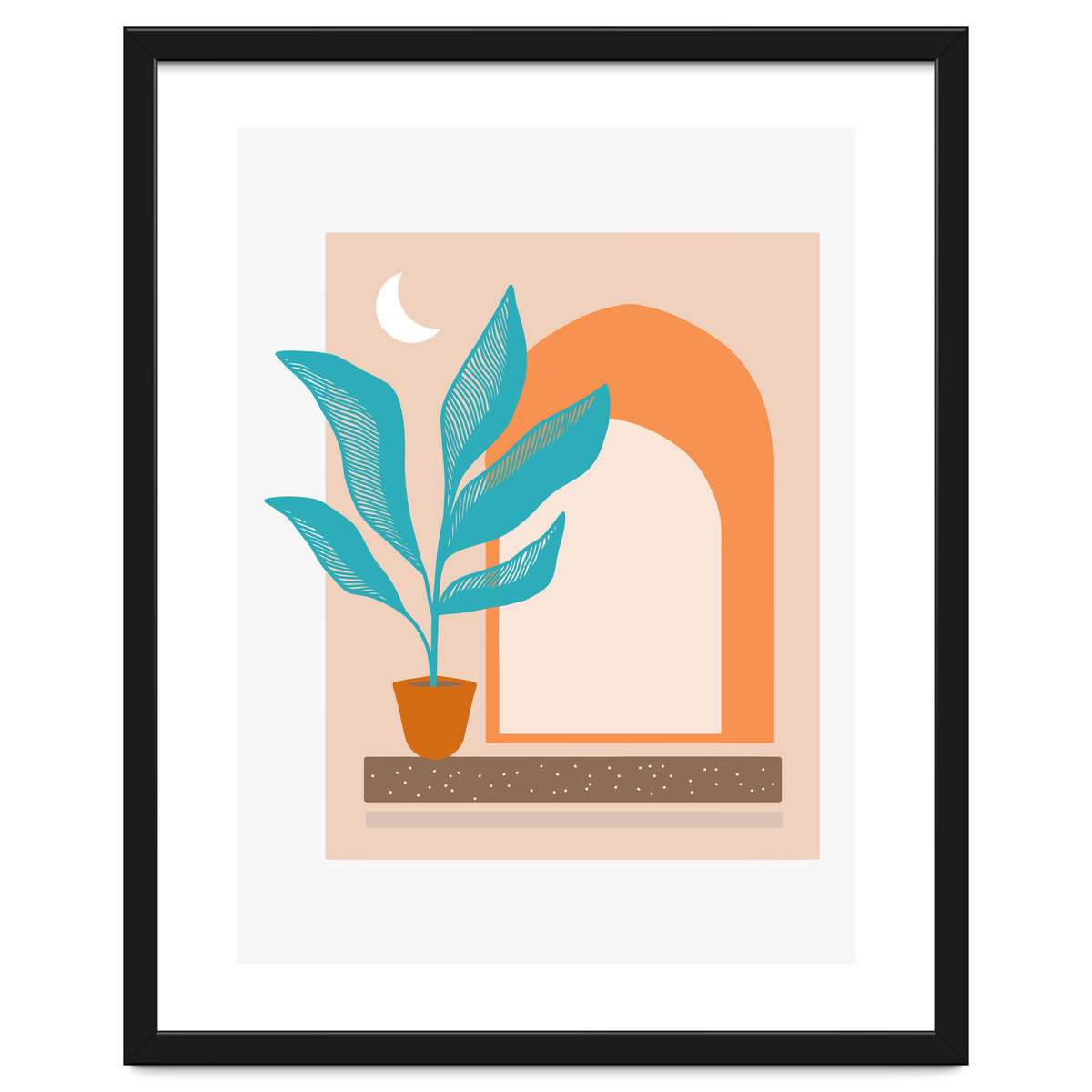 Moonlight Villa, Architecture Modern Bohemian Travel Illustration, Pastel Tropical Home Minimal Line Art