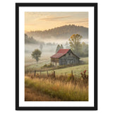 Rustic Red Roof Barn in Misty Morning Valley Landscape thumbnail