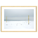 Seagulls in between the volleyball poles in winter snow beach thumbnail