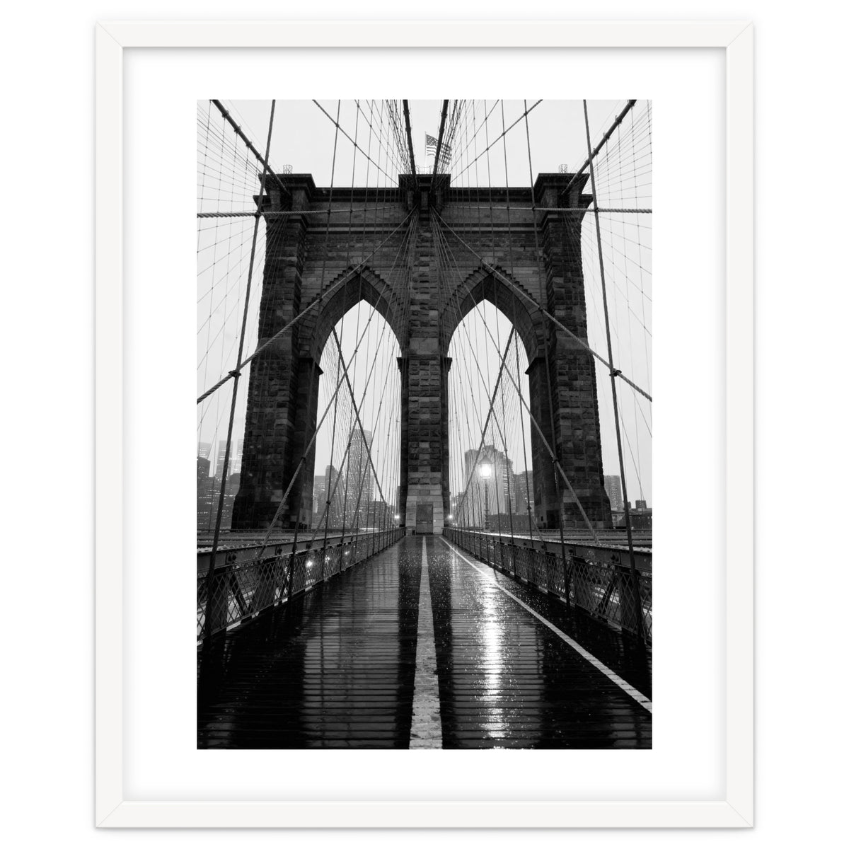 Brooklyn Bridge Black and White, Moody NYC Architecture, Rainy Urban Photography