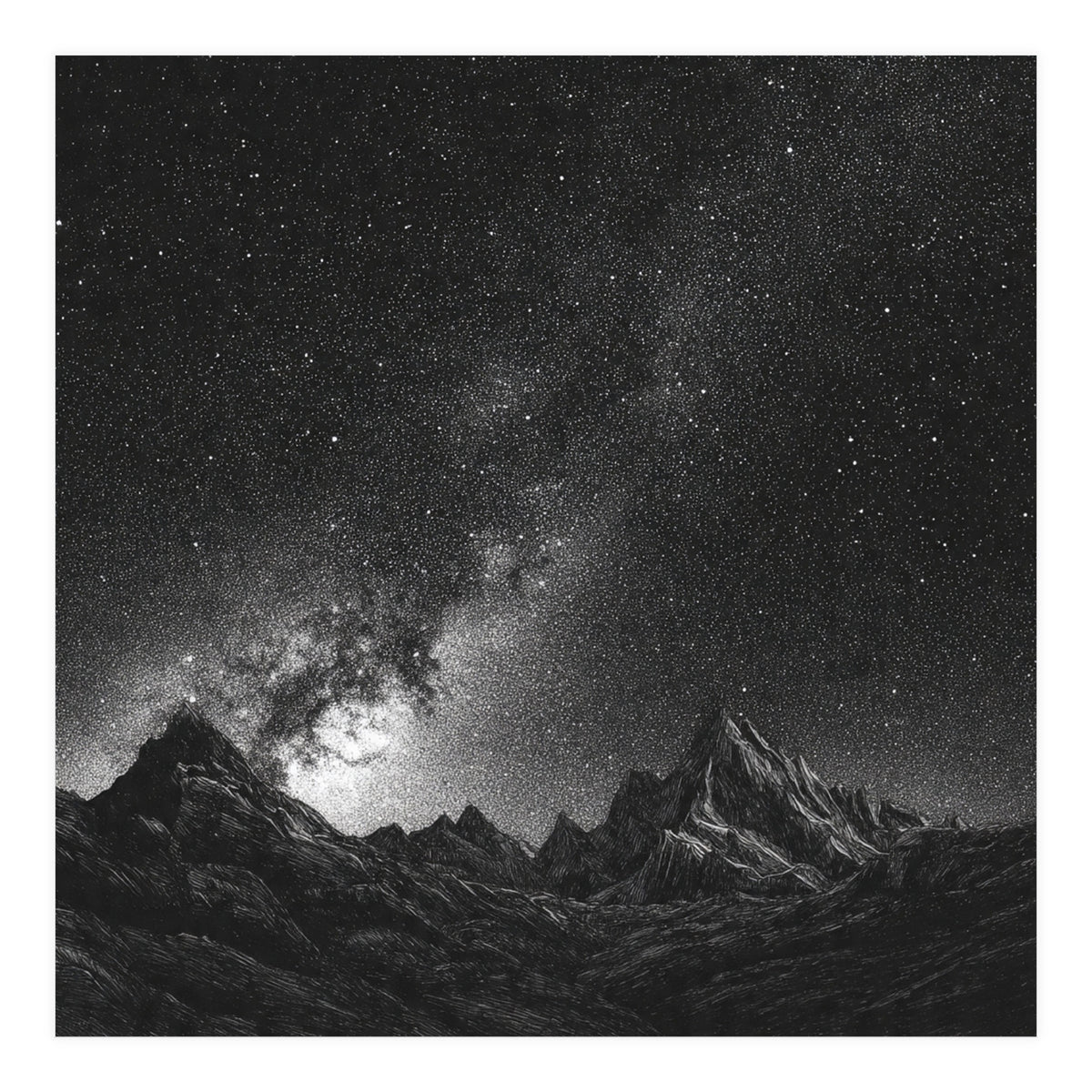 Starlit Mountain Majesty: Detailed Monochrome Milky Way (Print Only)