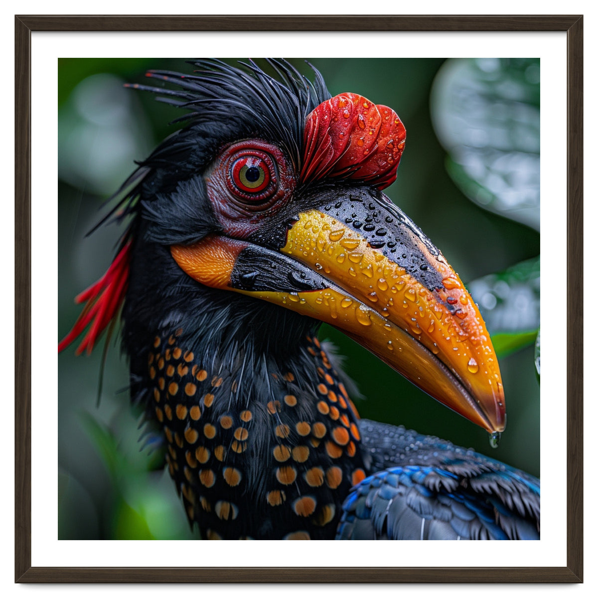 Close Up Of Helmeted Hornbill Bird In Rain