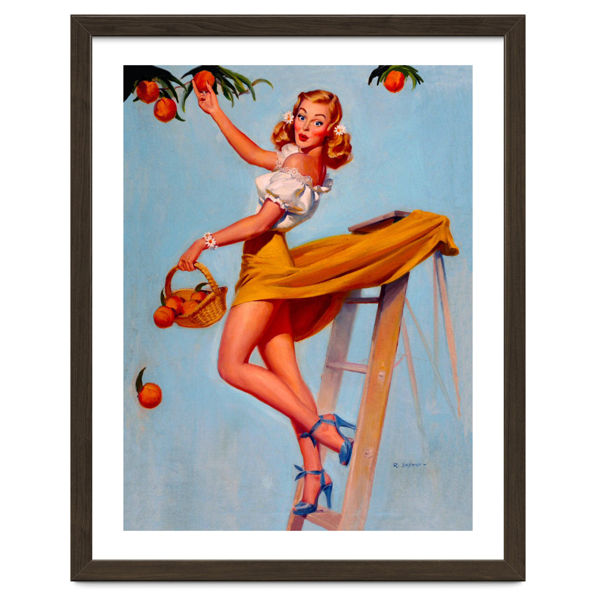 Pinup Sexy Woman Picking Oranges On A Tree Branch