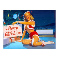 Pinup Girl In Santa Costume With Marry Christmas Sign (Print Only)