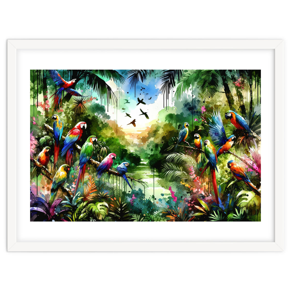 Watercolor Tropical Birds In The Jungle