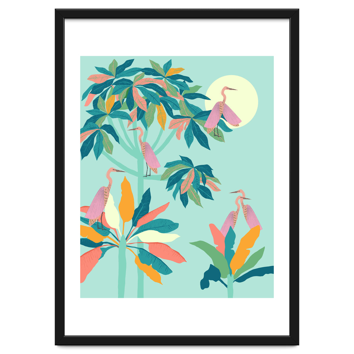 Drawn To The Moon, Stork Heron Flamingo Birds, Tropical Pastel Wildlife Forest Nature, Animals Jungle Bohemian Eclectic Fly