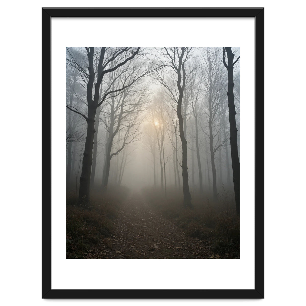 Ethereal Morning Light Breaking Through Dense Forest Fog