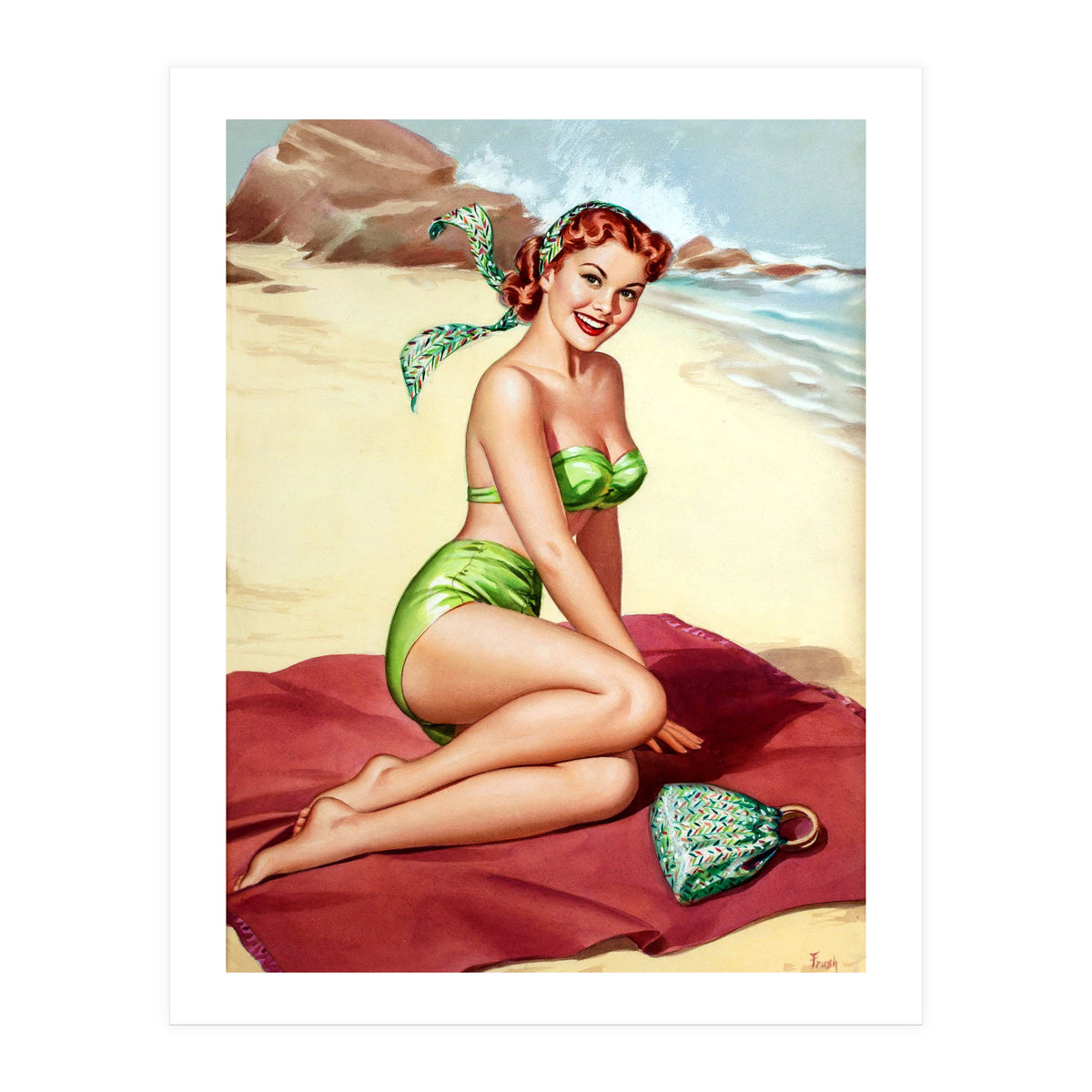 Smiling Pinup Sexy Girl On The Beach (Print Only)